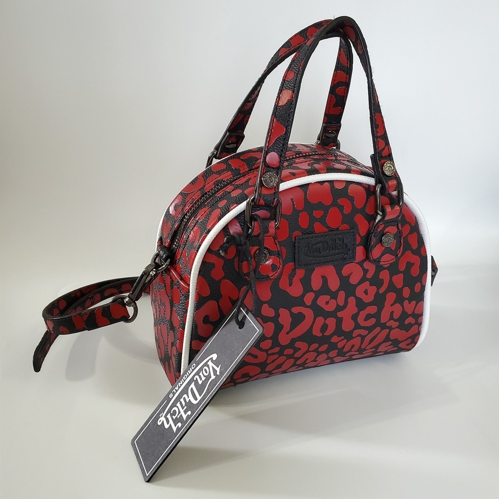 New Von Dutch Bag Purse Black Red Cheetah Print Bowling Crossbody Strap Y2K Logo - Picture 4 of 6